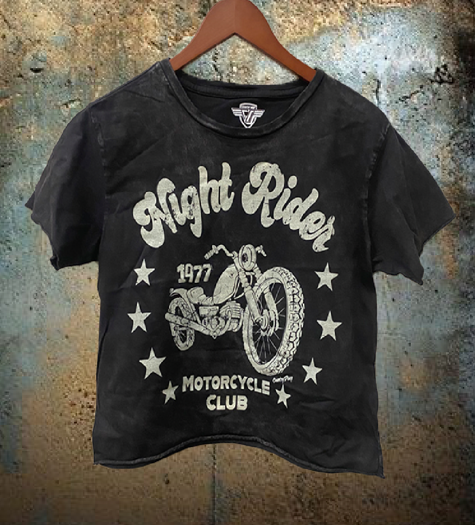 kingocd【CRIMIE】VINTAGE WASH RIDERS Night Rider 1977 Motorcycle Club regular Cropped Acid wash T-shirt