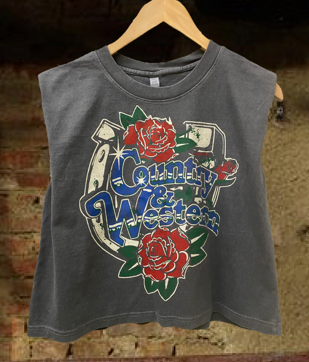 Country & Western Horseshoe boxy Muscle crop top – Country Deep